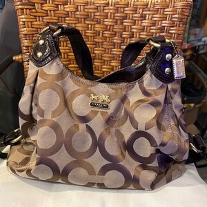 Coach Signature Circle Pattern Shoulder Bag in Brown and Tan